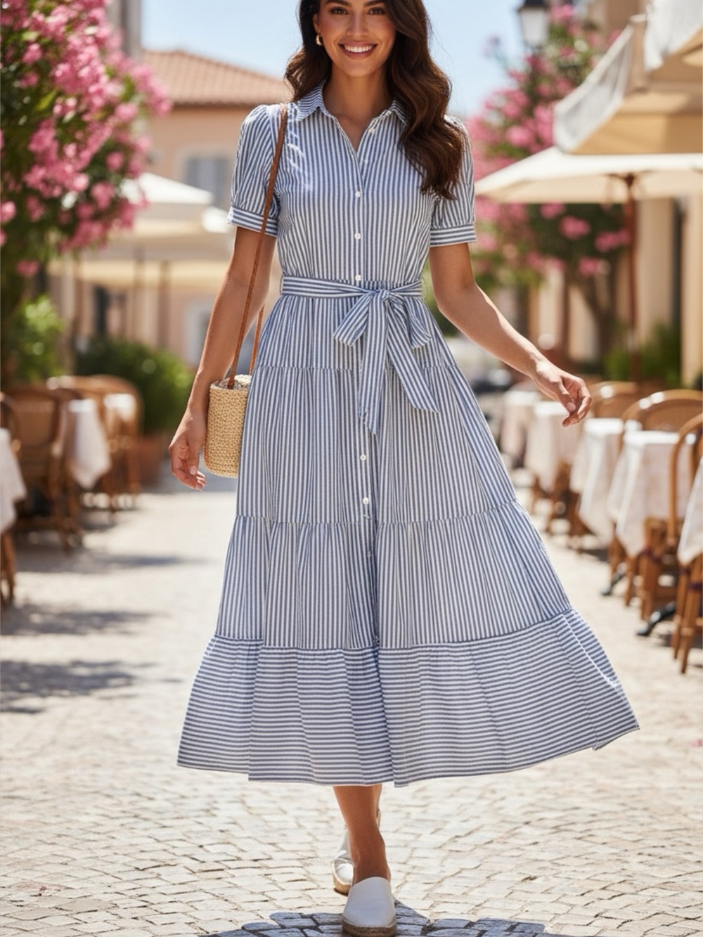 #2 Striped Button-Front Midi Dress with Tie Waist - Blue/White
